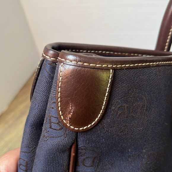 Dooney & Bourke Canvas Signature Double Handle Tote Leather Navy Blue Brown - Picture 10 of 17